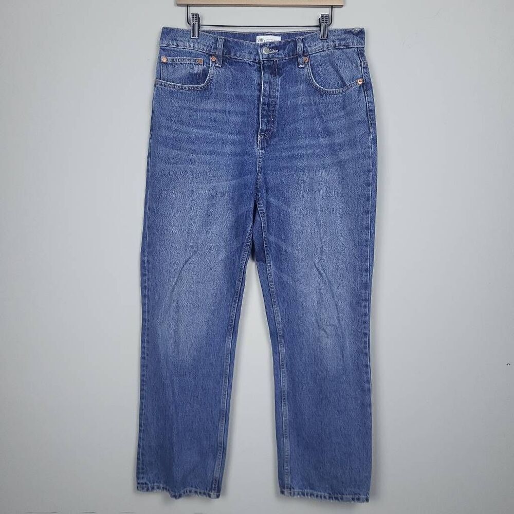 Zara Womens Size 12 High Rise Straight Leg Denim Jeans Button Fly Blue Pockets